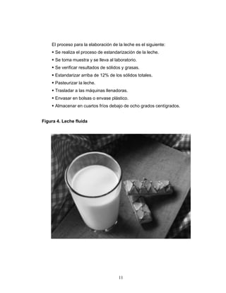 11
El proceso para la elaboración de la leche es el siguiente:
Se realiza el proceso de estandarización de la leche.
Se toma muestra y se lleva al laboratorio.
Se verificar resultados de sólidos y grasas.
Estandarizar arriba de 12% de los sólidos totales.
Pasteurizar la leche.
Trasladar a las máquinas llenadoras.
Envasar en bolsas o envase plástico.
Almacenar en cuartos fríos debajo de ocho grados centígrados.
Figura 4. Leche fluida
 