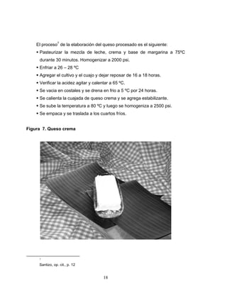 18
El proceso7
de la elaboración del queso procesado es el siguiente:
Pasteurizar la mezcla de leche, crema y base de margarina a 75ºC
durante 30 minutos. Homogenizar a 2000 psi.
Enfriar a 26 – 28 ºC
Agregar el cultivo y el cuajo y dejar reposar de 16 a 18 horas.
Verificar la acidez agitar y calentar a 65 ºC.
Se vacia en costales y se drena en frio a 5 ºC por 24 horas.
Se calienta la cuajada de queso crema y se agrega estabilizante.
Se sube la temperatura a 80 ºC y luego se homogeniza a 2500 psi.
Se empaca y se traslada a los cuartos fríos.
Figura 7. Queso crema
7
Santizo, op. cit., p. 12
 