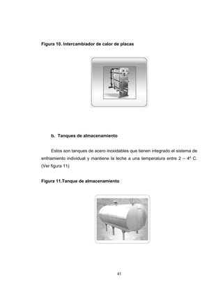 41
Figura 10. Intercambiador de calor de placas
b. Tanques de almacenamiento
Estos son tanques de acero inoxidables que tienen integrado el sistema de
enfriamiento individual y mantiene la leche a una temperatura entre 2 – 4º C.
(Ver figura 11)
Figura 11.Tanque de almacenamiento
 