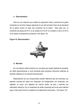 42
c. Descremadora
Esta es una máquina que realiza la separación total o parcial de la grasa
contenida en la leche íntegra aplicando el uso del principio físico de la densidad
de la grasa contra el resto del contenido de la leche. Esta sale con un
contenido de grasa de 40 % si se realiza en frío (4º C) y desde un 48 a un 55 %
si se realiza a temperatura ambiente. (Ver figura 12)
Figura 12. Descremadora
d. Marmita
Es una olla de metal cubierta con una tapa que queda totalmente ajustada,
se utiliza generalmente a nivel industrial para procesar alimentos además es
también utilizada en la industria farmacéutica.
Dependiendo de sus componentes existen diferente tipo de marmitas, por
ejemplo marmita de vapor con chaqueta, de refrigeración con chaqueta, con
agitador, al vacío, con agitador de moción doble, de gas y marmita con
calentador eléctrico. Es un recipiente de doble chaqueta que sirve para calentar
agua o bien para fundir la cuajada en la elaboración del queso. (Ver figura 13)
 
