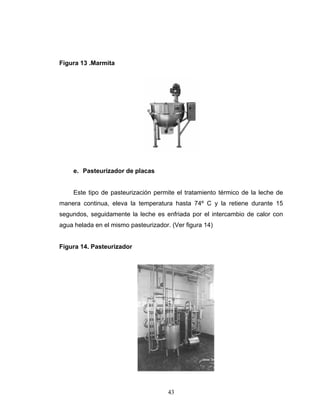 43
Figura 13 .Marmita
e. Pasteurizador de placas
Este tipo de pasteurización permite el tratamiento térmico de la leche de
manera continua, eleva la temperatura hasta 74º C y la retiene durante 15
segundos, seguidamente la leche es enfriada por el intercambio de calor con
agua helada en el mismo pasteurizador. (Ver figura 14)
Figura 14. Pasteurizador
 
