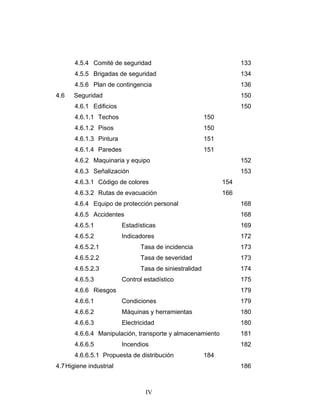 IV
4.5.4 Comité de seguridad 133
4.5.5 Brigadas de seguridad 134
4.5.6 Plan de contingencia 136
4.6 Seguridad 150
4.6.1 Edificios 150
4.6.1.1 Techos 150
4.6.1.2 Pisos 150
4.6.1.3 Pintura 151
4.6.1.4 Paredes 151
4.6.2 Maquinaria y equipo 152
4.6.3 Señalización 153
4.6.3.1 Código de colores 154
4.6.3.2 Rutas de evacuación 166
4.6.4 Equipo de protección personal 168
4.6.5 Accidentes 168
4.6.5.1 Estadísticas 169
4.6.5.2 Indicadores 172
4.6.5.2.1 Tasa de incidencia 173
4.6.5.2.2 Tasa de severidad 173
4.6.5.2.3 Tasa de siniestralidad 174
4.6.5.3 Control estadístico 175
4.6.6 Riesgos 179
4.6.6.1 Condiciones 179
4.6.6.2 Máquinas y herramientas 180
4.6.6.3 Electricidad 180
4.6.6.4 Manipulación, transporte y almacenamiento 181
4.6.6.5 Incendios 182
4.6.6.5.1 Propuesta de distribución 184
4.7Higiene industrial 186
 