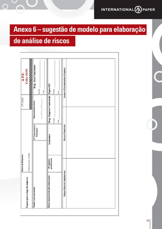 45
Anexo 6 – sugestão de modelo para elaboração
de análise de riscos
Anexo 7 – sugestão de modelo para
elaboração de análise de riscos
Modelo de formulário disponível com o Depto de Segurança
44
 
