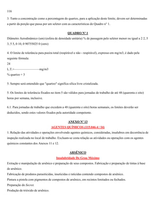116
3. Tanto a concentração como a percentagem do quartzo, para a aplicação deste limite, devem ser determinadas
a partir da porção que passa por um seletor com as características do Quadro n° 1.
QUADRO Nº 1
Diâmetro Aerodinâmico (um) (esfera de densidade unitária) % de passagem pelo seletor menor ou igual a 2 2, 5
3, 5 5, 0 10, 0 90755025 0 (zero)
4. O limite de tolerância para poeira total (respirável e não - respirável), expresso em mg/m3, é dado pela
seguinte fórmula:
24
L.T.=————————mg/m3
% quartzo + 3
5. Sempre será entendido que "quartzo" significa sílica livre cristalizada.
5. Os limites de tolerância fixados no item 5 são válidos para jornadas de trabalho de até 48 (quarenta e oito)
horas por semana, inclusive.
6.1. Para jornadas de trabalho que excedem a 48 (quarenta e oito) horas semanais, os limites deverão ser
deduzidos, sendo estes valores fixados pela autoridade competente.
ANEXO Nº 13
AGENTES QUÍMICOS (115.046-4 / I4)
1. Relação das atividades e operações envolvendo agentes químicos, consideradas, insalubres em decorrência de
inspeção realizada no local de trabalho. Excluam-se cesta relação as atividades ou operações com os agentes
químicos constantes dos Anexos 11 e 12.
ARSÊNICO
Insalubridade De Grau Máximo
Extração e manipulação de arsênico e preparação de seus compostos. Fabricação e preparação de tintas à base
de arsênico.
Fabricação de produtos parasiticidas, inseticidas e raticidas contendo compostos de arsênico.
Pintura a pistola com pigmentos de compostos de arsênico, em recintos limitados ou fechados.
Preparação do Secret.
Produção de trióxido de arsênico.

 