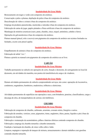 117
Insalubridade De Grau Médio
Bronzeamento em negro e verde com compostos de arsênico.
Conservação e peles e plumas; depilação de peles à base de compostos de arsênico.
Descoloração de vidros e cristais à base de compostos de arsênico.
Emprego de produtos parasiticidas, inseticidas e raticidas à base de compostos de arsênico.
Fabricação de cartas de jogar, papéis pintados e flores artificiais à base de compostos de arsênico.
Metalurgia de minérios arsenicais (ouro, prata, chumbo, zinco, níquel, antimônio, cobalto e ferro).
Operações de galvanotécnica à base de compostos de arsênico.
Pintura manual (pincel, rolo e escova) com pigmentos de compostos de arsênico em recintos limitados ou
fechados, exceto com pincel capilar.
Insalubridade De Grau Mínimo
Empalhamento de animais à base de compostos de arsênico.
Fabricação de tafetá ―sire”.
Pintura a pistola ou manual com pigmentos de compostos de arsênico ao ar livre.
CARVÃO
Insalubridade De Grau Máximo
Trabalho permanente no subsolo em operações de corte, furação e desmonte, de carregamento no local de
desmonte, em atividades de manobra, nos pontos de transferência de carga e de viradores.
Insalubridade De Grau Médio
Demais atividades permanentes do subsolo compreendendo serviços, tais como: operações de locomotiva,
condutores, engatadores, bombeiros, madeireiros, trilheiros e eletricistas.
Insalubridade De Grau Mínimo
Atividades permanentes de superfícies nas operações a seco, com britadores, peneiras, classificadores, carga e
descarga de silos, de transportadores de correia e de teleférreos.
CHUMBO
Insalubridade De Grau Máximo
Fabricação de compostos de chumbo, carbonato, arseniato, cromato mínio, litargírio e outros.
Fabricação de esmaltes, vernizes, cores, pigmentos, tintas, ungüentos, óleos, pastas, líquidos e pós à base de
compostos de chumbo.
Fabricação e restauração de acumuladores, pilhas e baterias elétricas contendo compostos de chumbo.
Fabricação e emprego de chumbo tetraetila e chumbo tetrametila.
Fundição e laminação de chumbo, de zinco velho cobre e latão.
Limpeza, raspagem e reparação de tanques de mistura, armazenamento e demais trabalhos com gasolina
contendo chumbo tetraetila.

 