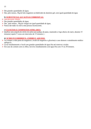 13
 Dar grandes quantidades de água;
 Dar, pelo menos, 30g de leite magnésio ou hidróxido de alumínio gel, com igual quantidade de água





b) SUBSTÂNCIAS ALCALINAS CORROSIVAS:
Não provocar vômito;
Dar grandes quantidades de água;
Dar , pelo menos , 30g de vinagre em igual quantidade de água;
Nunca dar nada via oral a uma pessoa inconsciente.

c) CIANETOS E COMPOSTOS SIMILARES:
 Quebrar uma ampola de nitrito de anila num pedaço de pano, mantendo-o logo abaixo do nariz, durante 15
minutos( repetir 5 vezes em intervalos de 15 minutos ) .
d) ÁCIDO FLUORIDRICO, ANIDRO E AQUOSO:
 Ter sempre a mão pasta de magnésio ( óxido de magnésio e glicerina) e caso demore o atendimento médico
aplique-a;
 Lavar imediatamente o local com grandes quantidades de água fria até remover o ácido;
 Em caso de contato com os olhos, lavá-los imediatamente com água fria com 15 ou 30 minutos.

 