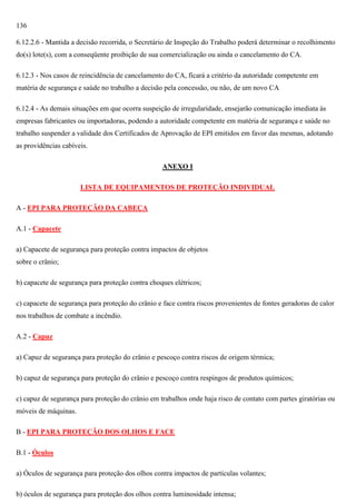 136
6.12.2.6 - Mantida a decisão recorrida, o Secretário de Inspeção do Trabalho poderá determinar o recolhimento
do(s) lote(s), com a conseqüente proibição de sua comercialização ou ainda o cancelamento do CA.
6.12.3 - Nos casos de reincidência de cancelamento do CA, ficará a critério da autoridade competente em
matéria de segurança e saúde no trabalho a decisão pela concessão, ou não, de um novo CA
6.12.4 - As demais situações em que ocorra suspeição de irregularidade, ensejarão comunicação imediata às
empresas fabricantes ou importadoras, podendo a autoridade competente em matéria de segurança e saúde no
trabalho suspender a validade dos Certificados de Aprovação de EPI emitidos em favor das mesmas, adotando
as providências cabíveis.
ANEXO I
LISTA DE EQUIPAMENTOS DE PROTEÇÃO INDIVIDUAL
A - EPI PARA PROTEÇÃO DA CABEÇA
A.1 - Capacete
a) Capacete de segurança para proteção contra impactos de objetos
sobre o crânio;
b) capacete de segurança para proteção contra choques elétricos;
c) capacete de segurança para proteção do crânio e face contra riscos provenientes de fontes geradoras de calor
nos trabalhos de combate a incêndio.
A.2 - Capuz
a) Capuz de segurança para proteção do crânio e pescoço contra riscos de origem térmica;
b) capuz de segurança para proteção do crânio e pescoço contra respingos de produtos químicos;
c) capuz de segurança para proteção do crânio em trabalhos onde haja risco de contato com partes giratórias ou
móveis de máquinas.
B - EPI PARA PROTEÇÃO DOS OLHOS E FACE
B.1 - Óculos
a) Óculos de segurança para proteção dos olhos contra impactos de partículas volantes;
b) óculos de segurança para proteção dos olhos contra luminosidade intensa;

 