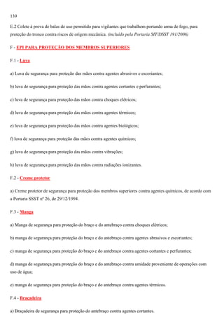 139
E.2 Colete à prova de balas de uso permitido para vigilantes que trabalhem portando arma de fogo, para
proteção do tronco contra riscos de origem mecânica. (incluído pela Portaria SIT/DSST 191/2006)
F - EPI PARA PROTEÇÃO DOS MEMBROS SUPERIORES
F.1 - Luva
a) Luva de segurança para proteção das mãos contra agentes abrasivos e escoriantes;
b) luva de segurança para proteção das mãos contra agentes cortantes e perfurantes;
c) luva de segurança para proteção das mãos contra choques elétricos;
d) luva de segurança para proteção das mãos contra agentes térmicos;
e) luva de segurança para proteção das mãos contra agentes biológicos;
f) luva de segurança para proteção das mãos contra agentes químicos;
g) luva de segurança para proteção das mãos contra vibrações;
h) luva de segurança para proteção das mãos contra radiações ionizantes.
F.2 - Creme protetor
a) Creme protetor de segurança para proteção dos membros superiores contra agentes químicos, de acordo com
a Portaria SSST nº 26, de 29/12/1994.
F.3 - Manga
a) Manga de segurança para proteção do braço e do antebraço contra choques elétricos;
b) manga de segurança para proteção do braço e do antebraço contra agentes abrasivos e escoriantes;
c) manga de segurança para proteção do braço e do antebraço contra agentes cortantes e perfurantes;
d) manga de segurança para proteção do braço e do antebraço contra umidade proveniente de operações com
uso de água;
e) manga de segurança para proteção do braço e do antebraço contra agentes térmicos.
F.4 - Braçadeira
a) Braçadeira de segurança para proteção do antebraço contra agentes cortantes.

 