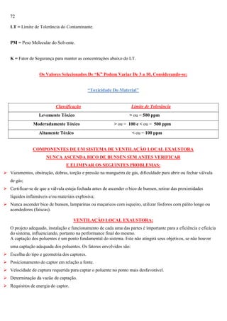72
LT = Limite de Tolerância do Contaminante.

PM = Peso Molecular do Solvente.

K = Fator de Segurança para manter as concentrações abaixo do LT.
Os Valores Selecionados De “K” Podem Variar De 3 a 10, Considerando-se:
“Toxicidade Do Material”

Classificação
Levemente Tóxico
Moderadamente Tóxico

Limite de Tolerância
> ou = 500 ppm
> ou = 100 e < ou = 500 ppm

Altamente Tóxico

< ou = 100 ppm

COMPONENTES DE UM SISTEMA DE VENTILAÇÃO LOCAL EXAUSTORA
NUNCA ASCENDA BICO DE BUNSEN SEM ANTES VERIFICAR
E ELIMINAR OS SEGUINTES PROBLEMAS:
 Vazamentos, obstrução, dobras, torção e pressão na mangueira de gás, dificuldade para abrir ou fechar válvula
de gás;
 Certificar-se de que a válvula esteja fechada antes de ascender o bico de bunsen, retirar das proximidades
líquidos inflamáveis e/ou materiais explosiva;
 Nunca ascender bico de bunsen, lamparinas ou maçaricos com isqueiro, utilizar fósforos com palito longo ou
acendedores (faíscas).
VENTILAÇÃO LOCAL EXAUSTORA:
O projeto adequado, instalação e funcionamento de cada uma das partes é importante para a eficiência e eficácia
do sistema, influenciando, portanto na performance final do mesmo.
A captação dos poluentes é um ponto fundamental do sistema. Este não atingirá seus objetivos, se não houver
uma captação adequada dos poluentes. Os fatores envolvidos são:
 Escolha do tipo e geometria dos captores.
 Posicionamento do captor em relação a fonte.
 Velocidade de captura requerida para captar o poluente no ponto mais desfavorável.
 Determinação da vazão de captação.
 Requisitos de energia do captor.

 