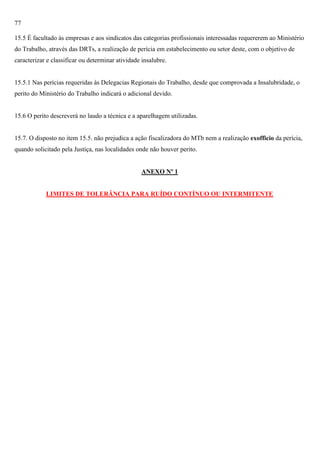 77
15.5 É facultado às empresas e aos sindicatos das categorias profissionais interessadas requererem ao Ministério
do Trabalho, através das DRTs, a realização de perícia em estabelecimento ou setor deste, com o objetivo de
caracterizar e classificar ou determinar atividade insalubre.

15.5.1 Nas perícias requeridas às Delegacias Regionais do Trabalho, desde que comprovada a Insalubridade, o
perito do Ministério do Trabalho indicará o adicional devido.

15.6 O perito descreverá no laudo a técnica e a aparelhagem utilizadas.

15.7. O disposto no item 15.5. não prejudica a ação fiscalizadora do MTb nem a realização exofficio da perícia,
quando solicitado pela Justiça, nas localidades onde não houver perito.

ANEXO Nº 1

LIMITES DE TOLERÂNCIA PARA RUÍDO CONTÍNUO OU INTERMITENTE

 