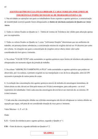 97
AGENTES QUÍMICOS CUJA INSALUBRIDADE É CARACTERIZADA POR LIMITE DE
TOLERÂNCIA E INSPEÇÃO NO LOCAL DE TRABALHO (115.015-4 / I4)
1. Nas atividades ou operações nas quais os trabalhadores ficam expostos a agentes químicos, a caracterização
de insalubridade ocorrerá quando forem ultrapassados os limites de tolerância constantes do Quadro no 1 deste
Anexo.

2. Todos os valores fixados no Quadro no 1 - Tabela de Limites de Tolerância são válidos para absorção apenas
por via respiratória.

3. Todos os valores fixados no Quadro no 1 como "Asfixiantes Simples" determinam que nos ambientes de
trabalho, em presença destas substâncias, a concentração mínima de oxigênio deverá ser 18 (dezoito) por cento
em volume. As situações nas quais a concentração de oxigênio estiver abaixo deste valor serão
consideradas de risco grave e iminente.

4. Na coluna "VALOR TETO" estão assinalados os agentes químicos cujos limites de tolerância não podem ser
ultrapassados em momento algum da jornada de trabalho.

5. Na coluna "ABSORÇÃO TAMBÉM PELA PELE" estão assinalados os agentes químicos que podem ser
absorvidos, por via cutânea, e portanto exigindo na sua manipulação o uso da luvas adequadas, além do EPI
necessário à proteção de outras partes do corpo.

6. A avaliação das concentrações dos agentes químicos através de métodos de amostragem instantânea, de
leitura direta ou não, deverá ser feita pelo menos em 10 (dez) amostragens, para cada ponto - ao nível
respiratório do trabalhador. Entre cada uma das amostragens deverá haver um intervalo de, no mínimo, 20
(vinte) minutos.

7. Cada uma das concentrações obtidas nas referidas amostragens não deverá ultrapassar os valores obtidos na
equação que segue, sob pena de ser considerada situação de risco grave e iminente.
Valor Máximo = L.T. x F. D.
Onde:
L.T. = Limite de tolerância para o agente químico, segundo o Quadro n° 1.
F.D. = Fator de desvio, segundo definido no Quadro n° 2.
QUADRO 2

 