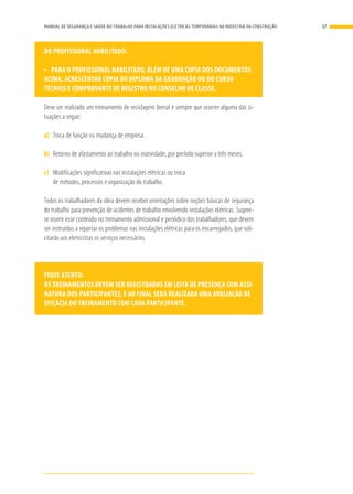 DO PROFISSIONAL HABILITADO:
•	 PARA O PROFISSIONAL HABILITADO, ALÉM DE UMA CÓPIA DOS DOCUMENTOS
ACIMA, ACRESCENTAR CÓPIA DO DIPLOMA DA GRADUAÇÃO OU DO CURSO
TÉCNICO E COMPROVANTE DE REGISTRO NO CONSELHO DE CLASSE.
Deve ser realizado um treinamento de reciclagem bienal e sempre que ocorrer alguma das si-
tuações a seguir:
a)	 Troca de função ou mudança de empresa.
b)	 Retorno de afastamento ao trabalho ou inatividade, por período superior a três meses.
c)	 Modificações significativas nas instalações elétricas ou troca
de métodos, processos e organização do trabalho.
Todos os trabalhadores da obra devem receber orientações sobre noções básicas de segurança
do trabalho para prevenção de acidentes de trabalho envolvendo instalações elétricas. Sugere-
se inserir esse conteúdo no treinamento admissional e periódico dos trabalhadores, que devem
ser instruídos a reportar os problemas nas instalações elétricas para os encarregados, que soli-
citarão aos eletricistas os serviços necessários.
FIQUE ATENTO:
OS TREINAMENTOS DEVEM SER REGISTRADOS EM LISTA DE PRESENÇA COM ASSI-
NATURA DOS PARTICIPANTES, E AO FINAL SERÁ REALIZADA UMA AVALIAÇÃO DE
EFICÁCIA DO TREINAMENTO COM CADA PARTICIPANTE.
37MANUAL DE SEGURANÇA E SAÚDE NO TRABALHO PARA INSTALAÇÕES ELÉTRICAS TEMPORÁRIAS NA INDÚSTRIA DA CONSTRUÇÃO
 