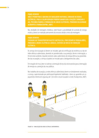 FIQUE ATENTO!
NÃO É PERMITIDA A QUEIMA DE QUALQUER MATERIAL EMBAIXO DE REDES
ELÉTRICAS, POIS O CALOR GERADO PODERÁ DANIFICAR A FIAÇÃO E IONIZAR O
AR, POSSIBILITANDO A FORMAÇÃO DE ARCOS ELÉTRICOS, PODENDO OCASIONAR
ACIDENTES (FUNDACENTRO, 2007).
Nas atividades de montagens metálicas, onde houver a possibilidade de acúmulo de energia
estática, deverá ser realizado aterramento da estrutura desde o início da montagem.
FIQUE ATENTO!
CUIDADO AO TRANSPORTAR HASTES METÁLICAS, POR EXEMPLO VERGALHÕES,
PRÓXIMO A REDES ELÉTRICAS AÉREAS, DEVIDO AO RISCO DE INDUÇÃO
ELÉTRICA.
Os serviços de escavação só devem ser iniciados após da certificação da existência ou não de
redes elétricas subterrâneas, devendo ser providenciada a sua proteção, desvio e interrupção, a
fim de evitar acidentes. Quando existirem cabos subterrâneos de energia elétrica nas proximida-
des das escavações, o serviço só poderá ser iniciado após o desligamento dos cabos.
Em situações de risco, deve-se solicitar a orientação técnica da concessionária para a interrupção
de energia ou a proteção das vias públicas.
Nos trabalhos de escavação, as redes elétricas subterrâneas devem ser devidamente sinalizadas;
o serviço, supervisionado por profissional legalmente habilitado; e deve ser garantido um es-
paçamento mínimo de segurança de 1,5m entre o local escavado e a rede (Fundacentro, 2007).
1,50m
1,50m
FIGURA 16 – SINALIZAÇÃO DAS REDES ELÉTRICAS SUBTERRÂNEAS
54
 