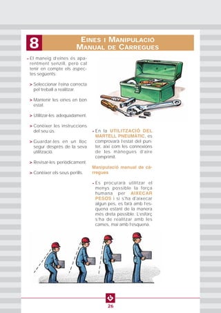 • El maneig d’eines és apa-
rentment senzill, però cal
tenir en compte els aspec-
tes següents:
• > Seleccionar l’eina correcta
pel treball a realitzar.
• > Mantenir les eines en bon
estat.
• > Utilitzar-les adequadament.
• > Conèixer les instruccions
del seu ús.
• > Guardar-les en un lloc
segur després de la seva
utilització.
• > Revisar-les periòdicament.
• > Conèixer els seus perills.
• En la UTILITZACIÓ DEL
MARTELL PNEUMÀTIC, es
comprovarà l’estat del pun-
ter, així com les connexions
de les mànegues d’aire
comprimit.
Manipulació manual de cà-
rregues
• Es procurarà utilitzar el
menys possible la força
humana per AIXECAR
PESOS i si s'ha d'aixecar
algun pes, es farà amb l’es-
quena estant de la manera
més dreta possible. L’esforç
s’ha de realitzar amb les
cames, mai amb l’esquena.
EINES I MANIPULACIÓ
MANUAL DE CÀRREGUES8
26
 
