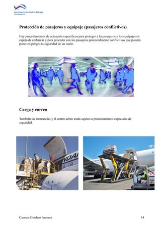 Protección de pasajeros y equipaje (pasajeros conflictivos) 
Hay procedimientos de actuación específicos para proteger a los pasajeros y los equipajes en 
espera de embarcar y para proceder con los pasajeros potencialmente conflictivos que pueden 
poner en peligro la seguridad de un vuelo. 
Carga y correo 
También las mercancías y el correo aéreo están sujetos a procedimientos especiales de 
seguridad. 
Carmen Cordero Amores 14 
 