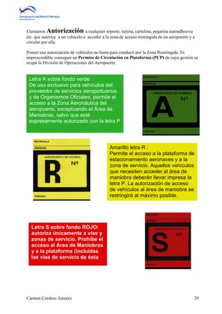 Llamamos Autorización a cualquier soporte, tarjeta, cartulina, pegatina autoadhesiva 
etc. que autorice a un vehículo a acceder a la zona de acceso restringida de un aeropuerto y a 
circular por ella. 
Poseer una autorización de vehículos no basta para conducir por la Zona Restringida. Es 
imprescindible conseguir un Permiso de Circulación en Plataforma (PCP) de cuya gestión se 
ocupa la División de Operaciones del Aeropuerto. 
Letra A sobre fondo verde: 
De uso exclusivo para vehículos del 
proveedor de servicios aeroportuarios 
y de Organismos Oficiales, permite el 
acceso a la Zona Aeronáutica del 
aeropuerto, exceptuando el Área de 
Maniobras, salvo que esté 
expresamente autorizado con la letra P 
Amarillo letra R : 
Permite el acceso a la plataforma de 
estacionamiento aeronaves y a la 
zona de servicio. Aquellos vehículos 
que necesiten acceder al área de 
maniobra deberán llevar impresa la 
letra P. La autorización de acceso 
de vehículos al área de maniobra se 
restringirá al máximo posible. 
Letra S sobre fondo ROJO: 
autoriza únicamente a vías y 
zonas de servicio. Prohíbe el 
acceso al Área de Maniobras 
y a la plataforma (incluidas 
las vías de servicio de ésta 
Carmen Cordero Amores 29 
 
