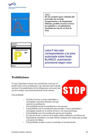 Prohibiciones 
AZUL 
De uso exclusivo para vehículos del 
proveedor de servicios 
aeroportuarios y de Organismos 
Oficiales, prohíbe el acceso al área 
de maniobra y a la plataforma 
(incluidas las vías de servicio de 
ésta) 
Letra P del color 
correspondiente a la zona 
autorizada sobre fondo 
BLANCO: autorización 
provisional según color 
Es muy importante conocer con exactitud las cosas que no 
puedes hacer con tu acreditación y las sanciones que te puede 
acarrear el incumplimiento de las obligaciones ya sea por mal 
uso de tu tarjeta o por desconocimiento de las normas. 
Está prohibido: 
- Facilitar el acceso a zonas controladas o 
restringidas a personas distintas a las que 
autoriza la acreditación. 
- Está prohibido prestar la acreditación a otra persona. 
- Está prohibido usar la acreditación para acceder a zonas controladas o 
restringidas cuando no se está de servicio y sin causa justificada. 
- Está prohibido usar otra acreditación que no sea la propia. 
- En caso de olvido o extravío de la tarjeta, debes notificarlo a la Oficina de 
Seguridad de inmediato y no tratar utilizar cualquier otro medio para acceder 
a tu puesto de trabajo. 
- Está prohibido acceder a zonas no incluidas en la autorización. 
Carmen Cordero Amores 30 
 