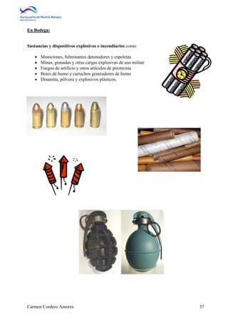En Bodega: 
Sustancias y dispositivos explosivos e incendiarios como: 
 Municiones, fulminantes detonadores y espoletas 
 Minas, granadas y otras cargas explosivas de uso militar 
 Fuegos de artificio y otros artículos de pirotecnia 
 Botes de humo y cartuchos generadores de humo 
 Dinamita, pólvora y explosivos plásticos. 
Carmen Cordero Amores 37 
 