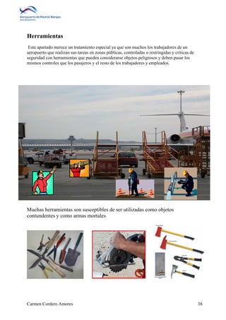 Herramientas 
Este apartado merece un tratamiento especial ya que son muchos los trabajadores de un 
aeropuerto que realizan sus tareas en zonas públicas, controladas o restringidas y críticas de 
seguridad con herramientas que pueden considerarse objetos peligrosos y deben pasar los 
mismos controles que los pasajeros y el resto de los trabajadores y empleados. 
Muchas herramientas son susceptibles de ser utilizadas como objetos 
contundentes y como armas mortales 
Carmen Cordero Amores 38 
 
