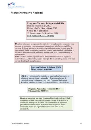 Marco Normativo Nacional 
Programa Nacional de Seguridad (PNS) 
Primera edición en el 2003. 
Última edición 24 de julio de 2012 
Consta de 16 capítulos y 
19 Instrucciones de Seguridad (SA) 
PNS Público: BOE 13/08/2012 
Objetivo: establecer la organización, métodos y procedimientos necesarios para 
asegurar la protección y salvaguarda de los pasajeros, tripulaciones, público, 
personal de tierra, aeronaves, aeropuertos y sus instalaciones, frente a actos de 
interferencia ilícita, perpetrados en tierra o en aire, preservando la regularidad y 
eficiencia del tránsito aéreo nacional e internacional en el Estado español y su 
espacio aéreo. 
El PNS incluye un anexo que desarrolla diversas Instrucciones de Seguridad 
Aeroportuaria. Ambos textos, cuerpo principal del documento y anexo, contienen 
normas de obligado cumplimiento. 
Programa Nacional de Calidad (PNC) 
Última edición: 30/05/2011 
Objetivo: verificar que las medidas de seguridad de la aviación se 
aplican de manera eficaz y adecuada, y determinar el grado de 
cumplimiento de lo dispuesto en el en el Programa Nacional de 
Seguridad, mediante actividades de supervisión del cumplimiento. 
Programa Nacional de Formación (PNF) 
Última edición: 30/05/2011 
Objetivo: garantizar que todo el personal implicado en la actividad 
aeroportuaria tiene los conocimientos necesarios, de acuerdo a su 
ocupación, para aplicar de forma efectiva medidas de seguridad 
preventivas contra actos de interferencia ilícita y hacer frente a 
situaciones en las que seguridad de la aviación civil se vea 
amenazada. 
Carmen Cordero Amores 6 
 