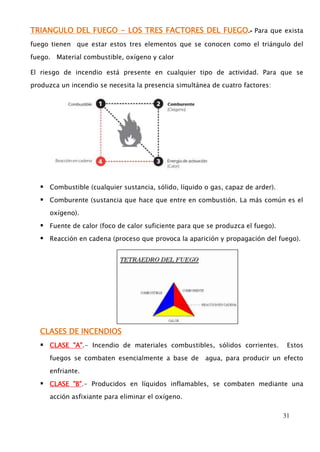 TRIANGULO DEL FUEGO - LOS TRES FACTORES DEL FUEGO.- Para que exista 
fuego tienen que estar estos tres elementos que se conocen como el triángulo del 
31 
fuego. Material combustible, oxígeno y calor 
El riesgo de incendio está presente en cualquier tipo de actividad. Para que se 
produzca un incendio se necesita la presencia simultánea de cuatro factores: 
 Combustible (cualquier sustancia, sólido, líquido o gas, capaz de arder). 
 Comburente (sustancia que hace que entre en combustión. La más común es el 
oxígeno). 
 Fuente de calor (foco de calor suficiente para que se produzca el fuego). 
 Reacción en cadena (proceso que provoca la aparición y propagación del fuego). 
CLASES DE INCENDIOS 
 CLASE "A".- Incendio de materiales combustibles, sólidos corrientes. Estos 
fuegos se combaten esencialmente a base de agua, para producir un efecto 
enfriante. 
 CLASE "B".- Producidos en líquidos inflamables, se combaten mediante una 
acción asfixiante para eliminar el oxígeno. 
 