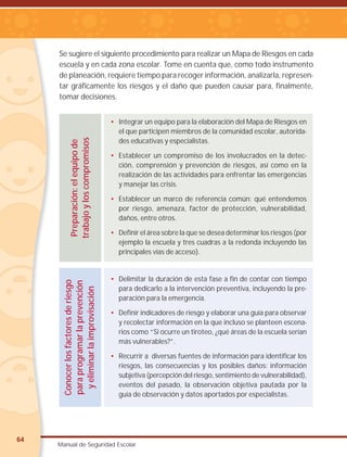 64
Manual de Seguridad Escolar
Se sugiere el siguiente procedimiento para realizar un Mapa de Riesgos en cada
escuela y en cada zona escolar. Tome en cuenta que, como todo instrumento
de planeación, requiere tiempo para recoger información, analizarla, represen-
tar gráficamente los riesgos y el daño que pueden causar para, finalmente,
tomar decisiones.
• Delimitar la duración de esta fase a fin de contar con tiempo
para dedicarlo a la intervención preventiva, incluyendo la pre-
paración para la emergencia.
• Definir indicadores de riesgo y elaborar una guía para observar
y recolectar información en la que incluso se planteen escena-
rios como “Si ocurre un tiroteo, ¿qué áreas de la escuela serían
más vulnerables?”.
• Recurrir a diversas fuentes de información para identificar los
riesgos, las consecuencias y los posibles daños: información
subjetiva (percepción del riesgo, sentimiento de vulnerabilidad),
eventos del pasado, la observación objetiva pautada por la
guía de observación y datos aportados por especialistas.
• Integrar un equipo para la elaboración del Mapa de Riesgos en
el que participen miembros de la comunidad escolar, autorida-
des educativas y especialistas.
• Establecer un compromiso de los involucrados en la detec-
ción, comprensión y prevención de riesgos, así como en la
realización de las actividades para enfrentar las emergencias
y manejar las crisis.
• Establecer un marco de referencia común: qué entendemos
por riesgo, amenaza, factor de protección, vulnerabilidad,
daños, entre otros.
• Definir el área sobre la que se desea determinar los riesgos (por
ejemplo la escuela y tres cuadras a la redonda incluyendo las
principales vías de acceso).
Preparación:
el
equipo
de
trabajo
y
los
compromisos
Conocer
los
factores
de
riesgo
para
programar
la
prevención
y
eliminar
la
improvisación
 