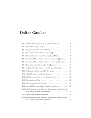 Daftar Gambar
2.1 Letakkan le senayan*.tar.gz ke web document root . . . . . . . 16
2.2 Ekstrak le senayan*.tar.gz . . . . . . . . . . . . . . . . . . . . . 16
2.3 Senayan*.tar.gz telah selesai diekstrak . . . . . . . . . . . . . . . 17
2.4 Membuat database melalui console MySQL . . . . . . . . . . . . 17
2.5 Membuat database dengan bantuan phpMyAdmin . . . . . . . . 18
2.6 Dump data SQL ke database Senayan melalui MySQL console . 18
2.7 Dump data SQL ke database Senayan melalui phpMyAdmin . . . 19
2.8 Membuat user database melalui MySQL console . . . . . . . . . 19
2.9 Kongurasi koneksi database pada le syscong.inc.php . . . . . 20
2.10 Kongurasi database yang telah disesuaikan . . . . . . . . . . . . 20
2.11 Aplikasi Senayan sudah bisa digunakan . . . . . . . . . . . . . . . 21
2.12 Kopi le psenayan*.zip ke root directory/folder . . . . . . . . . . 22
2.13 Ekstrak psenayan*.zip . . . . . . . . . . . . . . . . . . . . . . . . 22
2.14 Folder psenayan telah terbentuk . . . . . . . . . . . . . . . . . . 23
2.15 File dan folder yang terdapat didalam psenayan . . . . . . . . . . 23
2.16 Dalam beberapa versi Windows, akan muncul message rewall
ketika apache pertama kali dijalankan . . . . . . . . . . . . . . . 24
2.17 Apache telah berjalan dengan baik . . . . . . . . . . . . . . . . . 24
2.18 Dalam beberapa versi Windows, akan muncul message rewall
ketika MySQL pertama kali dijalankan . . . . . . . . . . . . . . . 25
7
 