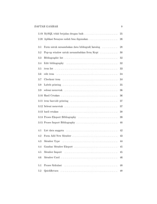 DAFTAR GAMBAR 8
2.19 MySQL telah berjalan dengan baik . . . . . . . . . . . . . . . . . 25
2.20 Aplikasi Senayan sudah bisa digunakan . . . . . . . . . . . . . . . 26
3.1 Form untuk menambakan data bibliogra/katalog . . . . . . . . 28
3.2 Pop-up window untuk menambahkan Item/Kopi . . . . . . . . . 30
3.3 Bibliographic list . . . . . . . . . . . . . . . . . . . . . . . . . . . 32
3.4 Edit bibliography . . . . . . . . . . . . . . . . . . . . . . . . . . 32
3.5 item list . . . . . . . . . . . . . . . . . . . . . . . . . . . . . . . . 33
3.6 edit item . . . . . . . . . . . . . . . . . . . . . . . . . . . . . . . 34
3.7 Checkout item . . . . . . . . . . . . . . . . . . . . . . . . . . . . 34
3.8 Labels printing . . . . . . . . . . . . . . . . . . . . . . . . . . . . 35
3.9 selesai mencetak . . . . . . . . . . . . . . . . . . . . . . . . . . . 36
3.10 Hasil Cetakan . . . . . . . . . . . . . . . . . . . . . . . . . . . . . 36
3.11 item barcode printing . . . . . . . . . . . . . . . . . . . . . . . . 37
3.12 Selesai mencetak . . . . . . . . . . . . . . . . . . . . . . . . . . . 37
3.13 hasil cetakan . . . . . . . . . . . . . . . . . . . . . . . . . . . . . 38
3.14 Proses Eksport Bibliography . . . . . . . . . . . . . . . . . . . . 39
3.15 Proses Import Bibliography . . . . . . . . . . . . . . . . . . . . . 40
4.1 List data anggota . . . . . . . . . . . . . . . . . . . . . . . . . . 42
4.2 Form Add New Member . . . . . . . . . . . . . . . . . . . . . . . 43
4.3 Member Type . . . . . . . . . . . . . . . . . . . . . . . . . . . . 44
4.4 Gambar Member Eksport . . . . . . . . . . . . . . . . . . . . . . 45
4.5 Member Import . . . . . . . . . . . . . . . . . . . . . . . . . . . 45
4.6 Member Card . . . . . . . . . . . . . . . . . . . . . . . . . . . . . 46
5.1 Proses Sirkulasi . . . . . . . . . . . . . . . . . . . . . . . . . . . 48
5.2 QuickReturn . . . . . . . . . . . . . . . . . . . . . . . . . . . . . 48
 