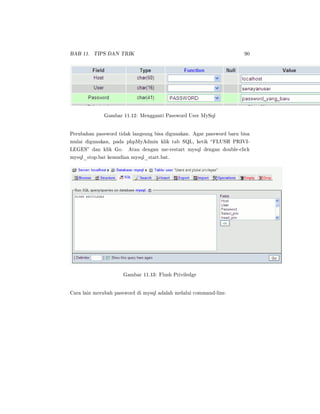 BAB 11. TIPS DAN TRIK 90
Gambar 11.12: Mengganti Password User MySql
Perubahan password tidak langsung bisa digunakan. Agar password baru bisa
mulai digunakan, pada phpMyAdmin klik tab SQL, ketik FLUSH PRIVI-
LEGES dan klik Go. Atau dengan me-restart mysql dengan double-click
mysql_stop.bat kemudian mysql_start.bat.
Gambar 11.13: Flush Priviledge
Cara lain merubah password di mysql adalah melalui command-line.
 