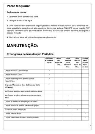 9
Parar Máquina:
Desligamento normal
1. Levante o disco para fora do corte.
2. Desligue a válvula de água.
3. Com a alavanca do acelerador na posição lenta, deixar o motor funcionar por 3-5 minutos em
baixa velocidade, para diminuir a temperatura, depois gire a chave ON / OFF para a posição OFF.
Fechar a válvula de corte de combustível, movendo a alavanca de torneira de combustível para a
posição fechada.
4. Não deixe a serra até que o disco pare completamente.
MANUTENÇÃO:
Cronograma de Manutenção Periódica:
Diariament
e Antes de
Iniciar
Depois
de 5
Horas de
Uso
Toda
Semana
ou 25
Horas de
Uso
Todo
Mês ou
100
Horas de
Uso.
A cada
3 Mês
ou 300
Horas
de Uso
Checar Nível de Combustível •
Checar Nível de Óleo •
Checar as mangueiras e filtros contra
vazamentos.
•
Engraxar Mancais do Eixo do Disco de Corte
(CPV-460)
•
Verifique e aperte o equipamento externamente •
Verifique a tenção e alinhamento da correia do
disco
•
Limpar as aletas de refrigeração do motor •
Limpar e verificar o fosso da vela de ignição •
Substituir a vela de ignição •
Limpar partida retrátil •
Limpar silenciador do motor e escapamento •
 