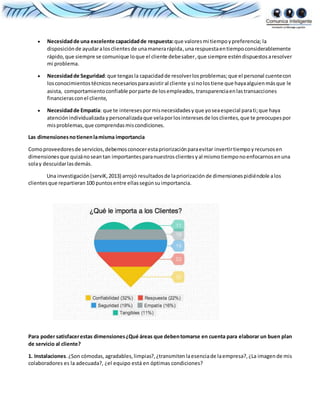  Necesidadde una excelente capacidadde respuesta:que valoresmi tiempoypreferencia; la
disposiciónde ayudaralosclientesde unamanerarápida,unarespuestaentiempoconsiderablemente
rápido,que siempre se comunique loque el cliente debesaber,que siempre esténdispuestosaresolver
mi problema.
 Necesidadde Seguridad:que tengasla capacidadde resolverlosproblemas;que el personal cuentecon
losconocimientostécnicosnecesariosparaasistiral cliente ysi nolostiene que hayaalguienmásque le
asista, comportamientoconfiable porparte de losempleados, transparenciaenlastransacciones
financierasconel cliente,
 Necesidadde Empatía: que te interesespormisnecesidadesyque yoseaespecial parati;que haya
atenciónindividualizadaypersonalizadaque velaporlosinteresesde losclientes,que te preocupespor
misproblemas,que comprendasmiscondiciones.
Las dimensionesnotienenlamisma importancia
Comoproveedoresde servicios,debemosconocerestapriorizaciónparaevitar invertirtiempoyrecursosen
dimensionesque quizánoseantan importantesparanuestrosclientesyal mismotiemponoenfocarnosenuna
solay descuidarlasdemás.
Una investigación(serviK,2013) arrojó resultadosde lapriorizaciónde dimensionespidiéndole alos
clientesque repartieran100 puntosentre ellassegúnsuimportancia.
Para poder satisfacerestas dimensiones¿Qué áreas que debentomarse en cuenta para elaborar un buen plan
de servicio al cliente?
1. Instalaciones.¿Son cómodas, agradables,limpias?,¿transmitenlaesenciade laempresa?,¿La imagende mis
colaboradores es la adecuada?, ¿el equipo está en óptimas condiciones?
 
