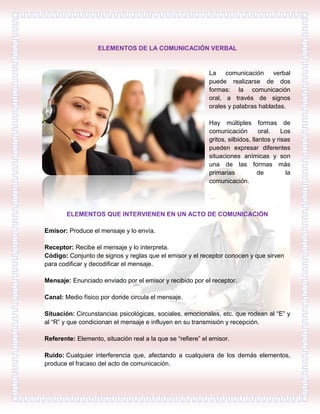 ELEMENTOS DE LA COMUNICACIÓN VERBAL
La comunicación verbal
puede realizarse de dos
formas: la comunicación
oral, a través de signos
orales y palabras habladas.
Hay múltiples formas de
comunicación oral. Los
gritos, silbidos, llantos y risas
pueden expresar diferentes
situaciones anímicas y son
una de las formas más
primarias de la
comunicación.
ELEMENTOS QUE INTERVIENEN EN UN ACTO DE COMUNICACIÓN
Emisor: Produce el mensaje y lo envía.
Receptor: Recibe el mensaje y lo interpreta.
Código: Conjunto de signos y reglas que el emisor y el receptor conocen y que sirven
para codificar y decodificar el mensaje.
Mensaje: Enunciado enviado por el emisor y recibido por el receptor.
Canal: Medio físico por donde circula el mensaje.
Situación: Circunstancias psicológicas, sociales, emocionales, etc. que rodean al “E” y
al “R” y que condicionan el mensaje e influyen en su transmisión y recepción.
Referente: Elemento, situación real a la que se “refiere” el emisor.
Ruido: Cualquier interferencia que, afectando a cualquiera de los demás elementos,
produce el fracaso del acto de comunicación.
 