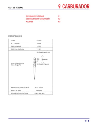9. CARBURADOR
9.1
CG125-125ML
INFORMAÇÕES GERAIS 9.1
DESMONTAGEM/ MONTAGEM 9.2
AJUSTES 9.3
ITEM CG 125
N º. De série 077A
Giclê principal ≠100
Giclê marcha lenta ≠ 40
Posicionamento da
trava da gulha
Abertura do parafuso de ar 1-1/2 voltas
Altura da bóia 18.5 mm
Rotação de marcha lenta 1.100-1.300 rpm
ESPECIFICAÇÕES
Mistura empobrece
Mistura enriquece
ORIGINAL
 