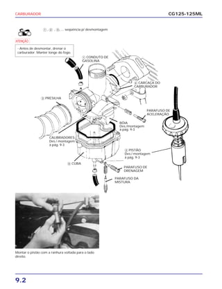 CARBURADOR
9.2
CG125-125ML
Montar o pistão com a ranhura voltada para o lado
direito.
PARAFUSO DA
MISTURA
PARAFUSO DE
DRENAGEM
BÓIA
Des./montagem
à pág. 9-3
PARAFUSO DE
ACELERAÇÃO
ᕆ CARCAÇA DO
CARBURADOR
ᕃ CONDUTO DE
GASOLINA
ᕅ PRESILHA
CALIBRADORES
Des./ montagem
à pág. 9-3
ᕇ CUBA
ᕄ PISTÃO
Des./ montagem
à pág. 9-3
ᕃ , ᕄ , ᕅ, ... seqüência p/ desmontagem
a
- Antes de desmontar, drenar o
carburador. Manter longe do fogo.
 