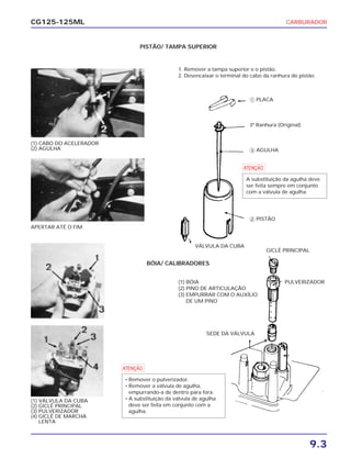 CARBURADOR
9.3
CG125-125ML
(1) VÁLVULA DA CUBA
(2) GICLÊ PRINCIPAL
(3) PULVERIZADOR
(4) GICLÊ DE MARCHA
LENTA
APERTAR ATÉ O FIM
(1) CABO DO ACELERADOR
(2) AGULHA
PISTÃO/ TAMPA SUPERIOR
BÓIA/ CALIBRADORES
1. Remover a tampa superior e o pistão.
2. Desencaixar o terminal do cabo da ranhura do pistão.
ᕃ PLACA
3ª Ranhura (Original)
ᕅ AGULHA
VÁLVULA DA CUBA
GICLÊ PRINCIPAL
PULVERIZADOR
SEDE DA VÁLVULA
ᕄ PISTÃO
a
A substituição da agulha deve
ser feita sempre em conjunto
com a válvula de agulha.
a
• Remover o pulverizador.
• Remover a válvula de agulha,
empurrando-a de dentro para fora.
• A substituição da válvula de agulha
deve ser feita em conjunto com a
agulha.
(1) BÓIA
(2) PINO DE ARTICULAÇÃO
(3) EMPURRAR COM O AUXÍLIO
DE UM PINO
 