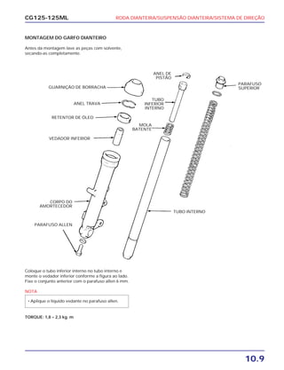 RODA DIANTEIRA/SUSPENSÃO DIANTEIRA/SISTEMA DE DIREÇÃO
10.9
CG125-125ML
MONTAGEM DO GARFO DIANTEIRO
Antes da montagem lave as peças com solvente,
secando-as completamente.
PARAFUSO
SUPERIOR
ANEL DE
PISTÃO
TUBO
INFERIOR
INTERNO
MOLA
BATENTE
TUBO INTERNO
CORPO DO
AMORTECEDOR
VEDADOR INFERIOR
RETENTOR DE ÓLEO
ANEL TRAVA
GUARNIÇÃO DE BORRACHA
PARAFUSO ALLEN
Coloque o tubo inferior interno no tubo interno e
monte o vedador inferior conforme a figura ao lado.
Fixe o conjunto anterior com o parafuso allen 6 mm.
NOTA
TORQUE: 1,8 – 2,3 kg. m
• Aplique o líquido vedante no parafuso allen.
 