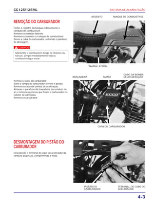 SISTEMA DE ALIMENTAÇÃO
4-3
CG125/125ML
REMOÇÃO DO CARBURADOR
Feche o registro do tanque e desconecte o
conduto de combustível.
Remova as tampas laterais.
Remova o assento e o tanque de combustível.
Drene a cuba do carburador, soltando o parafuso
de drenagem.
c
Mantenha o combustível longe de chamas ou
faíscas. Limpe imediatamente todo o
combustível que vazar.
TAMPA LATERAL
ASSENTO TANQUE DE COMBUSTÍVEL
Remova a capa do carburador.
Solte a tampa do carburador e retire o pistão.
Remova o cabo da bomba de aceleração.
Afrouxe o parafuso da braçadeira do conduto de
ar e remova as porcas que fixam o carburador no
coletor de admissão.
Remova o carburador.
CAPA DO CARBURADOR
BRAÇADEIRA TAMPA
CABO DA BOMBA
DE ACELERAÇÃO
DESMONTAGEM DO PISTÃO DO
CARBURADOR
Desconecte o terminal do cabo de acelerador da
ranhura do pistão, comprimindo a mola.
PISTÃO DO
CARBURADOR
TERMINAL DO CABO DO
ACELERADOR
 