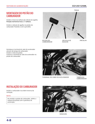 SISTEMA DE ALIMENTAÇÃO
4-8
MONTAGEM DO PISTÃO DO
CARBURADOR
Instale a trava na ranhura da válvula de agulha.
Posição normal da trava: 3.ª ranhura.
Instale a válvula de agulha no pistão do
carburador fixando-a com a presilha.
CG125/125ML
PISTÃO DO
CARBURADOR
VÁLVULA DE
AGULHA
PRESILHA
TRAVA
Introduza o terminal do cabo de acelerador
através da tampa do carburador.
Instale a mola do pistão.
Conecte o terminal do cabo do acelerador no
pistão do carburador.
TERMINAL DO CABO DO ACELERADOR TAMPA DO
CARBURADOR
INSTALAÇÃO DO CARBURADOR
Instale o carburador na ordem inversa da
remoção.
NOTA
Ao instalar o pistão do carburador, alinhe a
ranhura do pistão com o parafuso de
aceleração
RANHURA
 