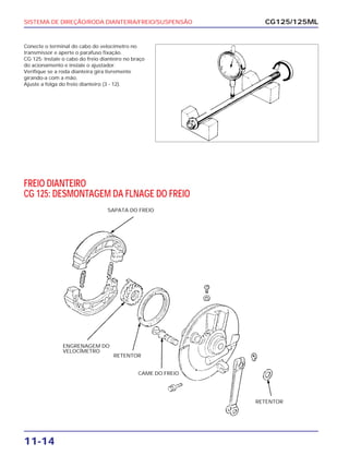 SISTEMA DE DIREÇÃO/RODA DIANTEIRA/FREIO/SUSPENSÃO
11-14
Conecte o terminal do cabo do velocímetro no
transmissor e aperte o parafuso fixação.
CG 125: Instale o cabo do freio dianteiro no braço
do acionamento e instale o ajustador.
Verifique se a roda dianteira gira livremente
girando-a com a mão.
Ajuste a folga do freio dianteiro (3 - 12).
CG125/125ML
FREIO DIANTEIRO
CG 125: DESMONTAGEM DA FLNAGE DO FREIO
SAPATA DO FREIO
ENGRENAGEM DO
VELOCÍMETRO
RETENTOR
CAME DO FREIO
RETENTOR
 