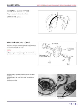 SISTEMA DE DIREÇÃO/RODA DIANTEIRA/FREIO/SUSPENSÃO
11-15
CG125/125ML
INSPEÇÃO DA SAPATA DO FREIO
Meça a espessura da sapata do freio
LIMITE DE USO: 2,0 mm
MONTAGEM DA FLANGE DO FREIO
Instale as arruelas, engrenagens do velocímetro e
o retentor na flange do freio.
NOTA
Aplique graxa na engrenagem do velocímetro.
Aplique graxa na superfície de contato do came
do freio.
Instale o came do freio no orifício da flange do
freio.
Instale o retentor.
RETENTOR
RETENTOR
ENGRENAGEM
DO VELOCÍMETRO
CAME
FLANGE DO
FREIO
 
