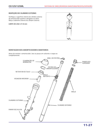 SISTEMA DE DIREÇÃO/RODA DIANTEIRA/FREIO/SUSPENSÃO
11-27
CG125/125ML
INSPEÇÃO DO CILINDRO EXTERNO
Verifique a superfície interna do cilindro externo
do amortecedor quanto a desgaste ou dano.
Meça o diâmetro interno do cilindro externo.
LIMITE DE USO: 27,10 mm
MONTAGEM DOS AMORTECEDORES DIANTEIROS
Antes de montar o amortecedor, lave as peças em solvente e seque-as
completamente.
GUARNIÇÃO DE
BORRACHA
RETENTOR DE ÓLEO
VEDADOR INFERIOR
CILINDRO EXTERNO
PARAFUSO ALLEN
ANEL DO PISTÃO
MOLA
BATENTE
CILINDRO INTERNO
PARAFUSO
SUPERIOR
MOLA
PISTÃO DO
AMORTECEDOR
 