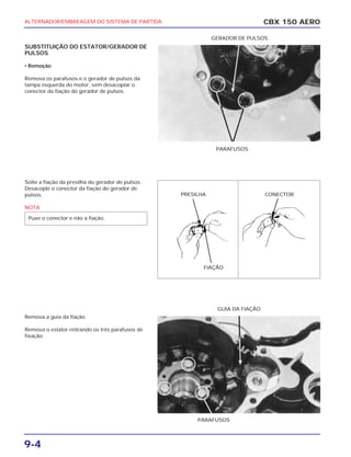 PARAFUSOS
FIAÇÃO
PRESILHA CONECTOR
GERADOR DE PULSOS
PARAFUSOS
GUIA DA FIAÇÃO
SUBSTITUIÇÃO DO ESTATOR/GERADOR DE
PULSOS
• Remoção
Remova os parafusos e o gerador de pulsos da
tampa esquerda do motor, sem desacoplar o
conector da fiação do gerador de pulsos.
Solte a fiação da presilha do gerador de pulsos.
Desacople o conector da fiação do gerador de
pulsos.
NOTA
Remova a guia da fiação
Remova o estator retirando os três parafusos de
fixação.
Puxe o conector e não a fiação.
9-4
CBX 150 AEROALTERNADOR/EMBREAGEM DO SISTEMA DE PARTIDA
 