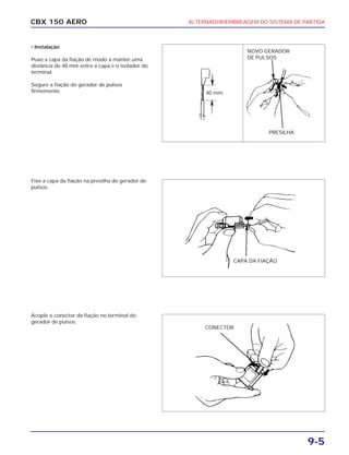 CBX 150 AERO
PRESILHA
NOVO GERADOR
DE PULSOS
CAPA DA FIAÇÃO
CONECTOR
ALTERNADOR/EMBREAGEM DO SISTEMA DE PARTIDA
9-5
• Instalação
Puxe a capa da fiação de modo a manter uma
distância de 40 mm entre a capa e o isolador do
terminal.
Segure a fiação do gerador de pulsos
firmemente.
Fixe a capa da fiação na presilha do gerador de
pulsos.
Acople o conector da fiação no terminal do
gerador de pulsos.
40 mm
 