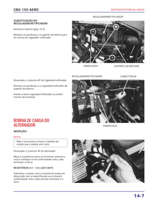 BATERIA/SISTEMA DE CARGA
14-7
CBX 150 AERO
SUPORTE DA BATERIAPARAFUSOS
REGULADOR/RETIFICADOR
PARAFUSOS
CONECTOR 6PREGULADOR/RETIFICADOR
SUBSTITUIÇÃO DO
REGULADOR/RETIFICADOR
Remova a bateria (pág. 14-3).
Remova os parafusos e o suporte da bateria para
ter acesso ao regulador retificador.
Desacople o conector 6P do regulador/retificador.
Remova os parafusos e o regulador/retificador do
suporte da bateria.
Instale o novo regulador/retificador na ordem
inversa da remoção.
BOBINA DE CARGA DO
ALTERNADOR
INSPEÇÃO
NOTA
Desacople o conector 4P do alternador.
Meça a resistência entre os terminais amarelo e
rosa e verifique se há continuidade entre cada
terminal e o terra.
RESISTÊNCIA: 0,1 - 1,0 Ω (20˚C/68˚F)
Substitua o estator caso a resistência esteja em
desacordo com a especificação ou se houver
continuidade entre cada um dos terminais e o
terra.
• Não é necessário remover a bobina do
estator para realizar este teste.
 