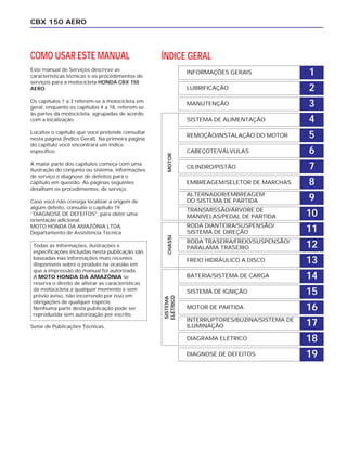 DIAGNOSE DE DEFEITOS
COMO USAR ESTE MANUAL
Este manual de Serviços descreve as
características técnicas e os procedimentos de
serviços para a motocicleta HONDA CBX 150
AERO.
Os capítulos 1 a 3 referem-se à motocicleta em
geral, enquanto os capítulos 4 a 18, referem-se
às partes da motocicleta, agrupadas de acordo
com a localização.
Localize o capítulo que você pretende consultar
nesta página (Índice Geral). Na primeira página
do capítulo você encontrará um índice
específico.
A maior parte dos capítulos começa com uma
ilustração do conjunto ou sistema, informações
de serviço e diagnose de defeitos para o
capítulo em questão. As páginas seguintes
detalham os procedimentos, de serviço.
Caso você não consiga localizar a origem de
algum defeito, consulte o capítulo 19
‘’DIAGNOSE DE DEFEITOS", para obter uma
orientação adicional.
MOTO HONDA DA AMAZÔNIA LTDA.
Departamento de Assistência Técnica
Setor de Publicações Técnicas.
CBX 150 AERO
Todas as informações, ilustrações e
especificações incluídas nesta publicação são
baseadas nas informações mais recentes
disponíveis sobre o produto na ocasião em
que a impressão do manual foi autorizada.
A MOTO HONDA DA AMAZÔNIA se
reserva o direito de alterar as características
da motocicleta a qualquer momento e sem
prévio aviso, não incorrendo por isso em
obrigações de qualquer espécie.
Nenhuma parte desta publicação pode ser
reproduzida sem autorização por escrito.
1INFORMAÇÕES GERAIS
2LUBRIFICAÇÃO
3MANUTENÇÃO
4SISTEMA DE ALIMENTAÇÃO
5REMOÇÃO/INSTALAÇÃO DO MOTOR
6CABEÇOTE/VÁLVULAS
7CILINDRO/PISTÃO
8EMBREAGEM/SELETOR DE MARCHAS
9ALTERNADOR/EMBREAGEM
DO SISTEMA DE PARTIDA
10TRANSMISSÃO/ÁRVORE DE
MANIVELAS/PEDAL DE PARTIDA
11RODA DIANTEIRA/SUSPENSÃO/
SISTEMA DE DIREÇÃO
12RODA TRASEIRA/FREIO/SUSPENSÃO/
PARALAMA TRASEIRO
13FREIO HIDRÁULICO A DISCO
14BATERIA/SISTEMA DE CARGA
15SISTEMA DE IGNIÇÃO
16MOTOR DE PARTIDA
17INTERRUPTORES/BUZINA/SISTEMA DE
ILUMINAÇÃO
18DIAGRAMA ELÉTRICO
19
ÍNDICE GERAL
SISTEMA
ELÉTRICO
CHASSIMOTOR
 