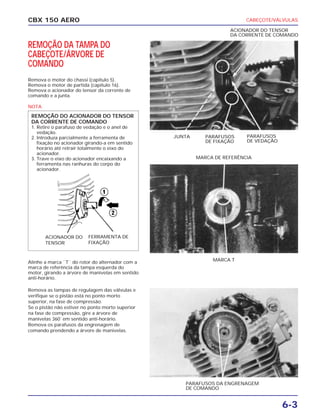 CBX 150 AERO
JUNTA PARAFUSOS
DE FIXAÇÃO
MARCA DE REFERÊNCIA
ACIONADOR DO TENSOR
DA CORRENTE DE COMANDO
MARCA T
PARAFUSOS
DE VEDAÇÃO
PARAFUSOS DA ENGRENAGEM
DE COMANDO
CABEÇOTE/VÁLVULAS
6-3
REMOÇÃO DA TAMPA DO
CABEÇOTE/ÁRVORE DE
COMANDO
Remova o motor do chassi (capítulo 5).
Remova o motor de partida (capítulo 16).
Remova o acionador do tensor da corrente de
comando e a junta.
NOTA
Alinhe a marca ``T`` do rotor do alternador com a
marca de referência da tampa esquerda do
motor, girando a árvore de manivelas em sentido
anti-horário.
Remova as tampas de regulagem das válvulas e
verifique se o pistão está no ponto morto
superior, na fase de compressão.
Se o pistão não estiver no ponto morto superior
na fase de compressão, gire a árvore de
manivelas 360˚ em sentido anti-horário.
Remova os parafusos da engrenagem de
comando prendendo a árvore de manivelas.
REMOÇÃO DO ACIONADOR DO TENSOR
DA CORRENTE DE COMANDO
1. Retire o parafuso de vedação e o anel de
vedação.
2. Introduza parcialmente a ferramenta de
fixação no acionador girando-a em sentido
horário até retrair totalmente o eixo do
acionador.
3. Trave o eixo do acionador encaixando a
ferramenta nas ranhuras do corpo do
acionador.
ACIONADOR DO
TENSOR
FERRAMENTA DE
FIXAÇÃO
 
