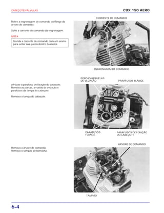 CBX 150 AERO
ENGRENAGEM DE COMANDO
PARAFUSOS
FLANGE
PARAFUSOS DE FIXAÇÃO
DO CABEÇOTE
PARAFUSOS FLANGE
TAMPÃO
CABEÇOTE/VÁLVULAS
6-4
Retire a engrenagem de comando do flange da
árvore de comando.
Solte a corrente de comando da engrenagem.
NOTA
Afrouxe o parafuso de fixação do cabeçote.
Remova as porcas, arruelas de vedação e
parafusos da tampa do cabeçote.
Remova a tampa do cabeçote.
Remova a árvore de comando.
Remova o tampão de borracha.
Prenda a corrente de comando com um arame
para evitar sua queda dentro do motor.
CORRENTE DE COMANDO
PORCAS/ARRUELAS
DE VEDAÇÃO
ÁRVORE DE COMANDO
 