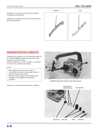 CABEÇOTE/VÁLVULAS
6-8
Verifique se o tensor da corrente de comando
está gasto ou danificado.
Verifique se a guia da corrente de comando está
gasta ou danificada.
DESMONTAGEM DO CABEÇOTE
Comprima as válvulas com a ferramenta especial
n.º 07757-0010000 (compressor das molas das
válvulas) e retire as travas.
Solte o compressor e retire as sedes, as válvulas,
as molas e os assentos das molas.
NOTA
Remova os retentores das hastes das válvulas.
• Não comprima as molas mais que o
necessário ao retirar as travas para evitar a
perda de tensão das molas.
• Marque todas as peças desmontadas para
assegurar a montagem nas posições
originais.
CBX 150 AERO
TENSOR GUIA
COMPRESSOR DAS MOLAS DAS VÁLVULAS
VÁLVULA MOLAS SEDE TRAVAS
ASSENTOS
DAS MOLAS RETENTOR
 