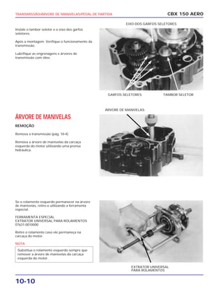 TRANSMISSÃO/ÁRVORE DE MANIVELAS/PEDAL DE PARTIDA
10-10
Instale o tambor seletor e o eixo dos garfos
seletores.
Após a montagem. Verifique o funcionamento da
transmissão.
Lubrifique as engrenagens e árvores de
transmissão com óleo.
ÁRVORE DE MANIVELAS
REMOÇÃO
Remova a transmissão (pág. 10-4)
Remova a árvore de manivelas da carcaça
esquerda do motor utilizando uma prensa
hidráulica.
Se o rolamento esquerdo permanecer na árvore
de manivelas, retire-o utilizando a ferramenta
especial.
FERRAMENTA ESPECIAL
EXTRATOR UNIVERSAL PARA ROLAMENTOS
07631-0010000
Retire o rolamento caso ele permaneça na
carcaça do motor.
NOTA
Substitua o rolamento esquerdo sempre que
remover a árvore de manivelas da carcaça
esquerda do motor.
CBX 150 AERO
GARFOS SELETORES TAMBOR SELETOR
EIXO DOS GARFOS SELETORES
ÁRVORE DE MANIVELAS
EXTRATOR UNIVERSAL
PARA ROLAMENTOS
 