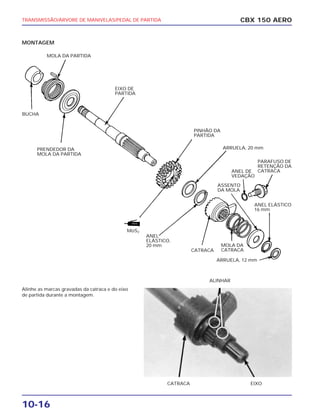 TRANSMISSÃO/ÁRVORE DE MANIVELAS/PEDAL DE PARTIDA
10-16
MONTAGEM
Alinhe as marcas gravadas da catraca e do eixo
de partida durante a montagem.
CBX 150 AERO
BUCHA
MOLA DA PARTIDA
EIXO DE
PARTIDA
PRENDEDOR DA
MOLA DA PARTIDA
PINHÃO DA
PARTIDA
MoS2
ARRUELA, 20 mm
ANEL
ELÁSTICO,
20 mm
ANEL DE
VEDAÇÃO
ASSENTO
DA MOLA
CATRACA
MOLA DA
CATRACA
PARAFUSO DE
RETENÇÃO DA
CATRACA
ANEL ELÁSTICO
16 mm
ARRUELA, 12 mm
CATRACA EIXO
ALINHAR
 
